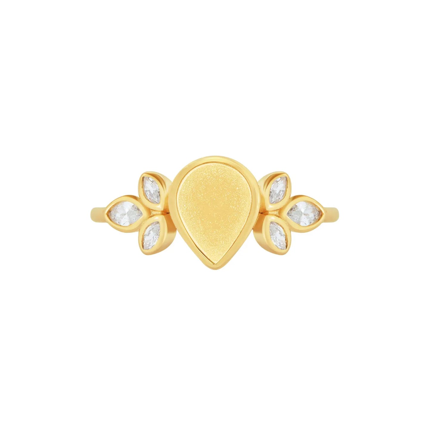 Gold ring with teardrop design and clear stones on a white background