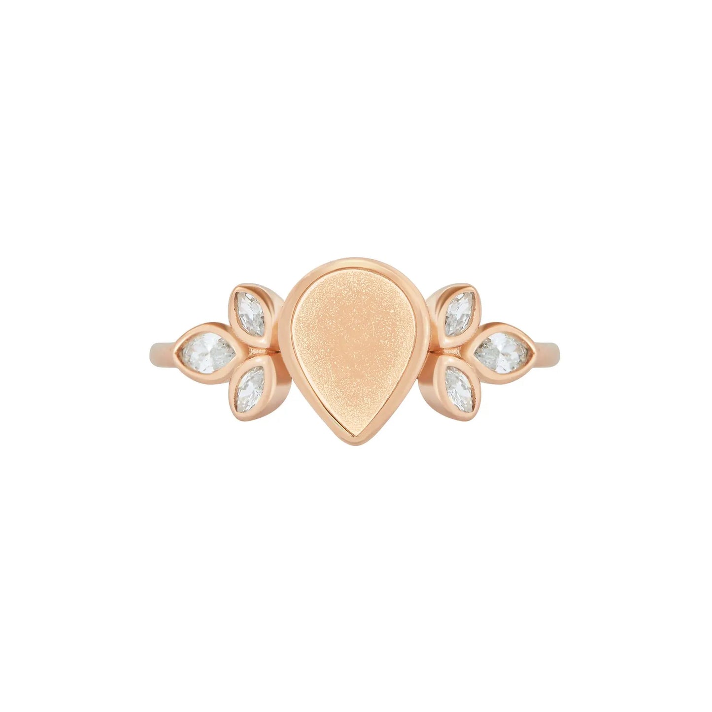 Rose gold ring with a teardrop-shaped center and diamond accents on a white background