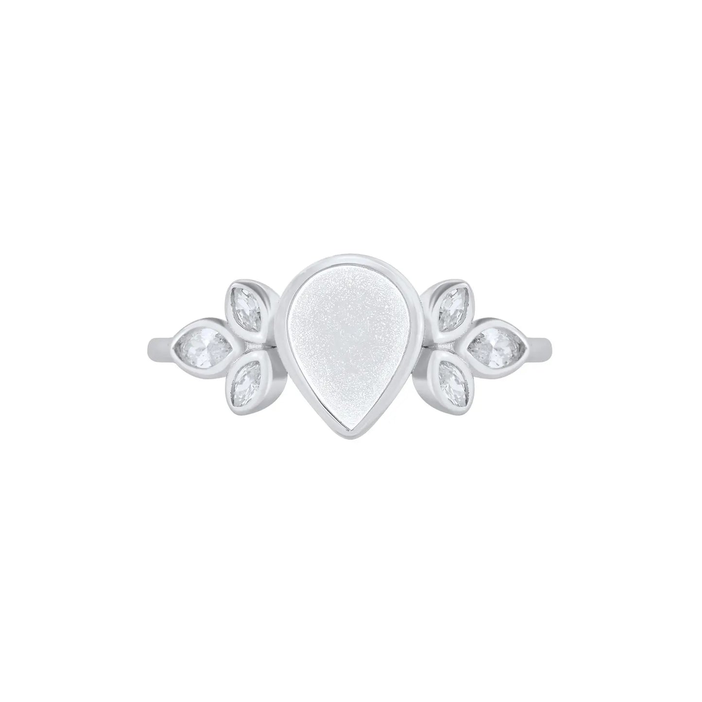 Silver ring with a teardrop-shaped center and leaf-like designs on a white background