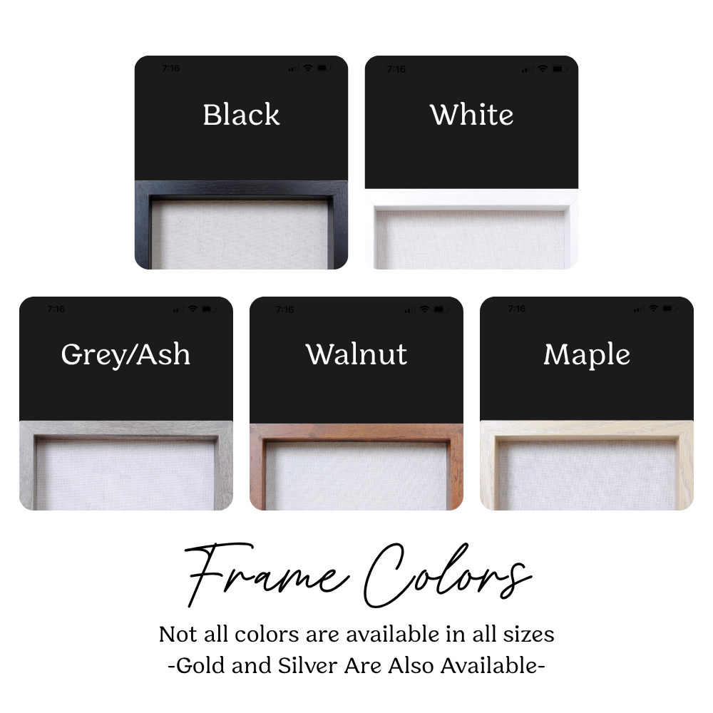 Set of frame color options including Black, White, Grey/Ash, Walnut, and Maple with sample frames.