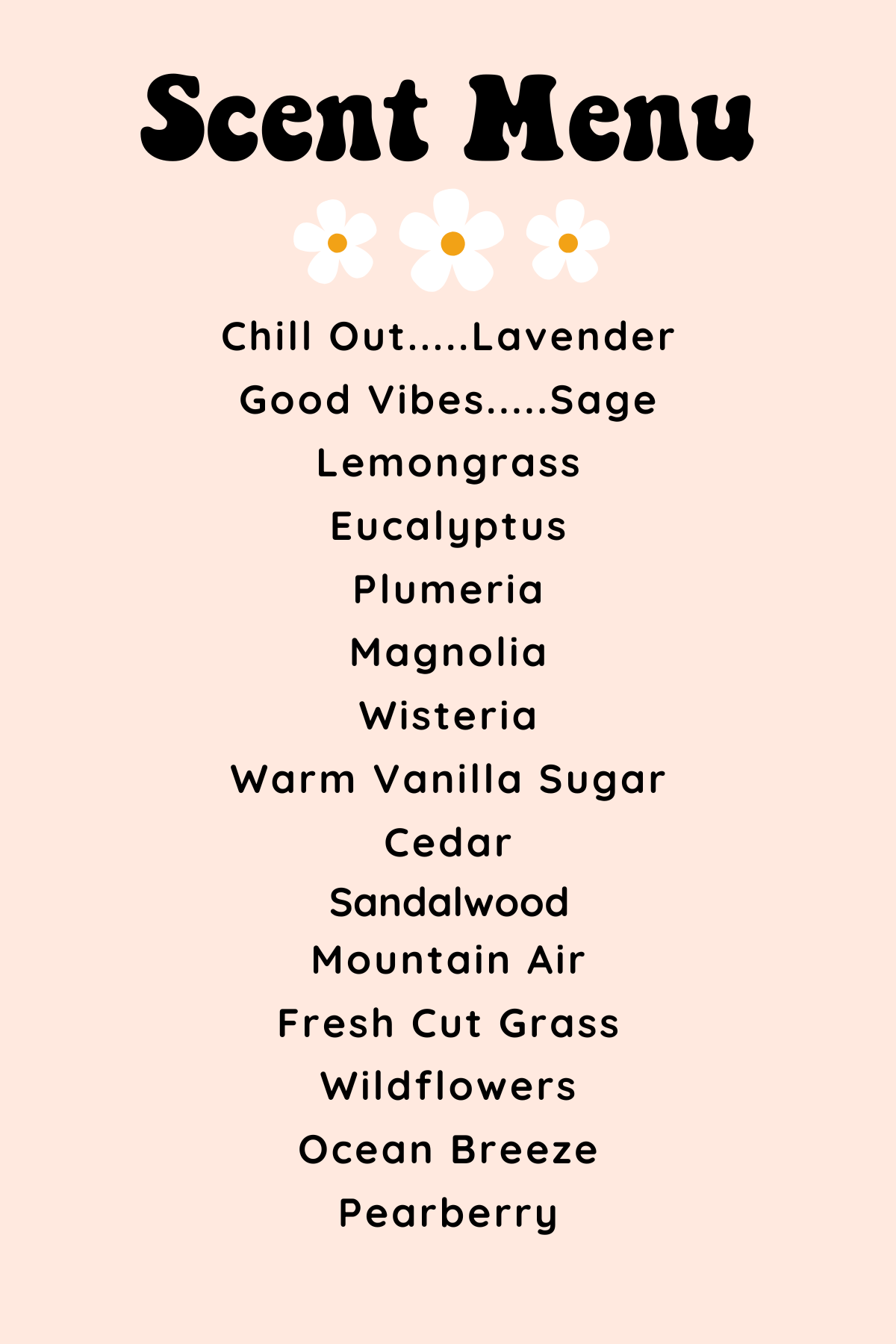 Scent menu with various scents listed on a beige background