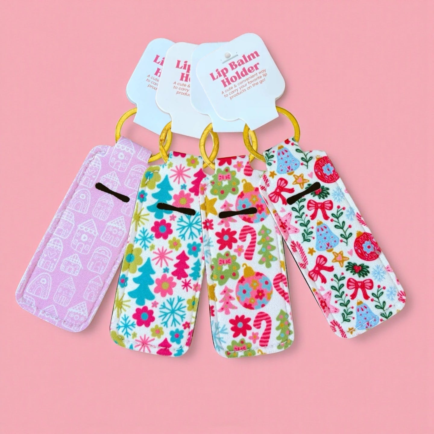 Lip Balm Keychain Holder - Pink Gingerbread Houses