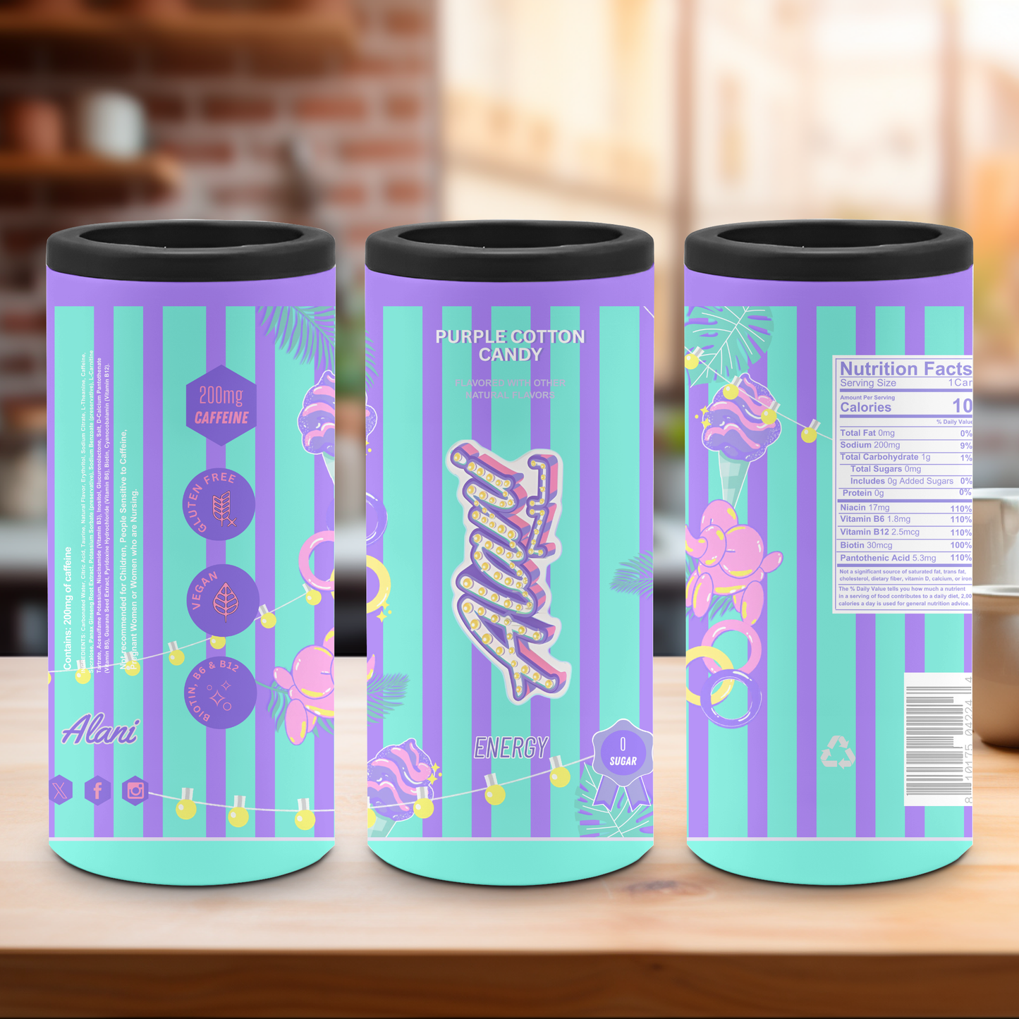 A slim can cooler set with a playful pattern