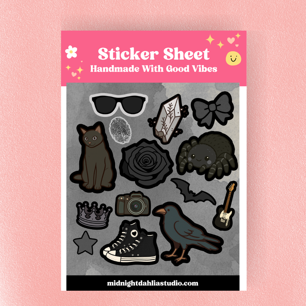 Sticker sheet with various black illustrations on a gray background, labeled 'Handmade With Good Vibes' by midnightdahliastudio.com.
