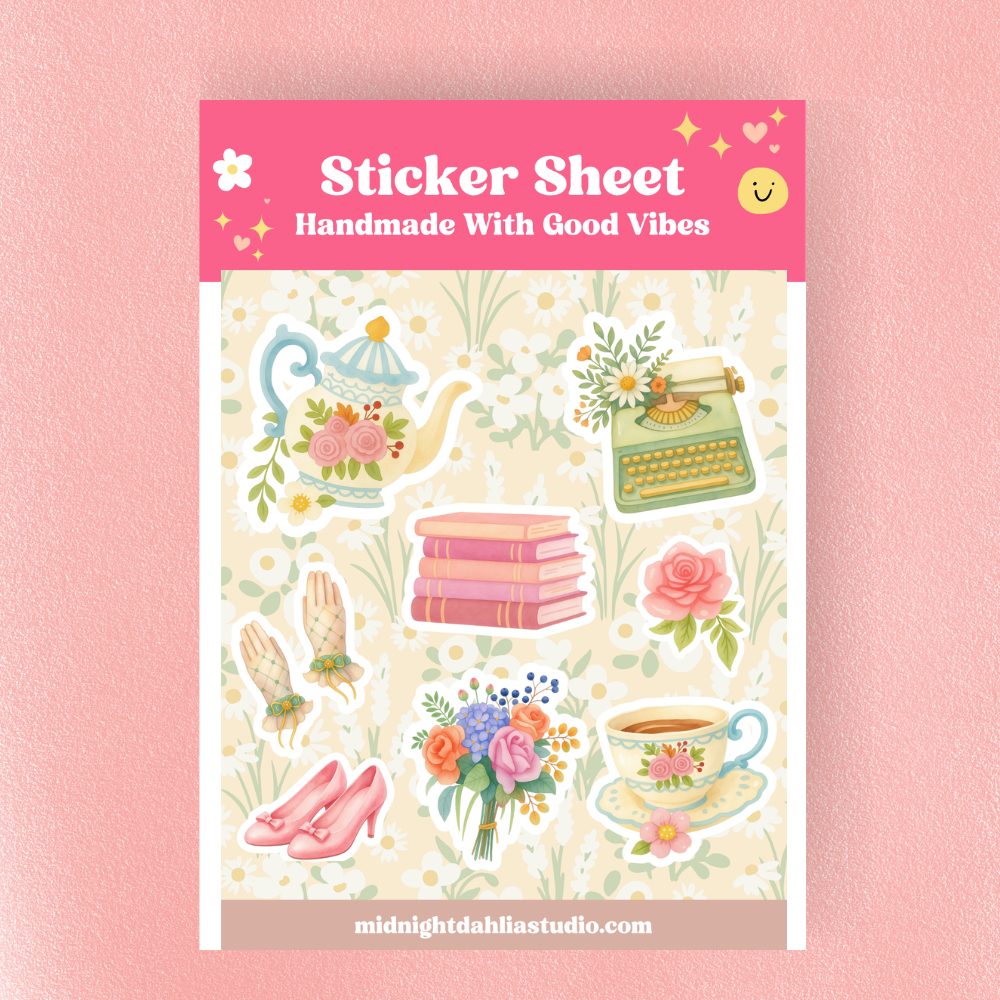 Sticker sheet with illustrations on a pink background