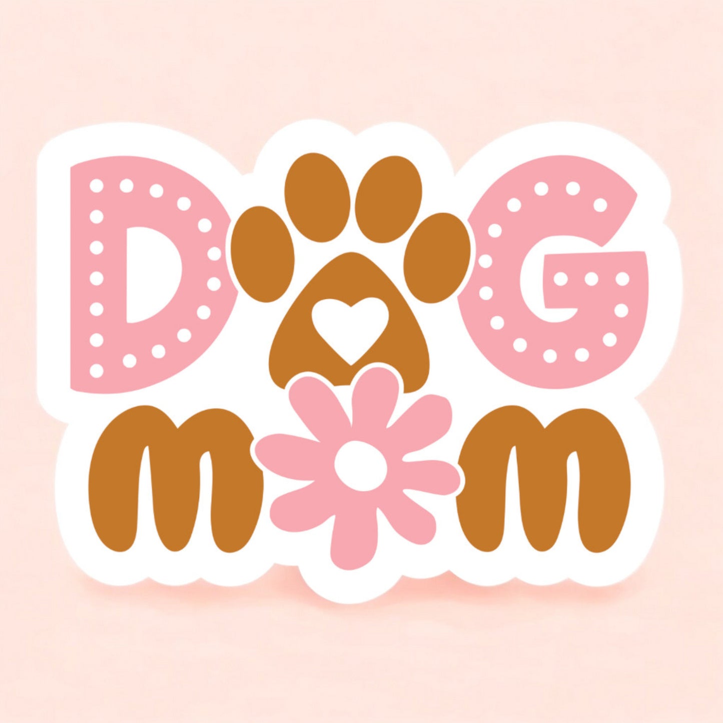 a white background sticker that reads dog mom with a paw print as the o in dog and a daisy as the o in mom. the sticker is printed in brown and pink.