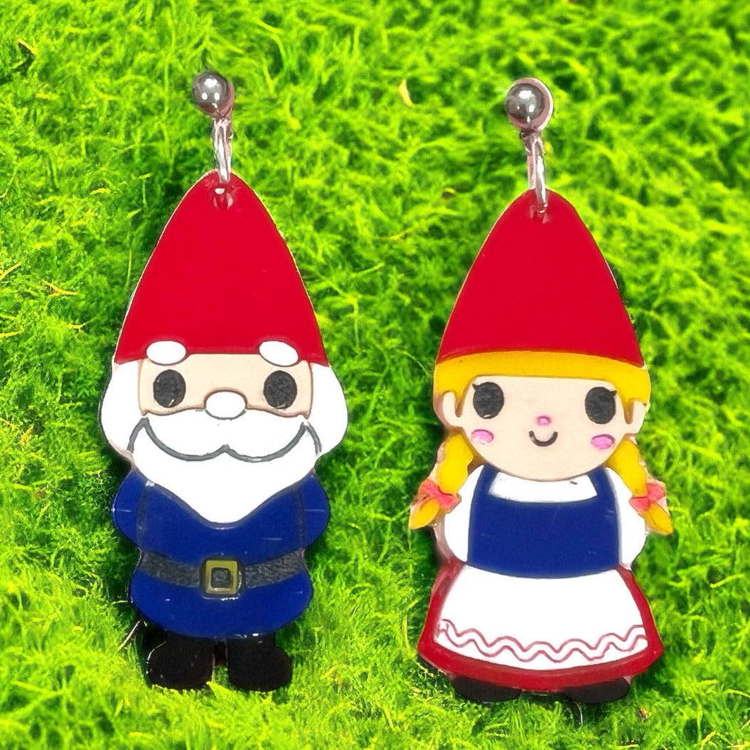 gnome shaped dangle earrings, both male man and female woman, with multi colored acrylic