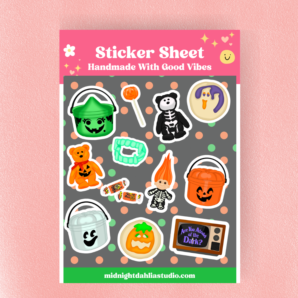 Halloween-themed sticker sheet with various stickers on a pink background