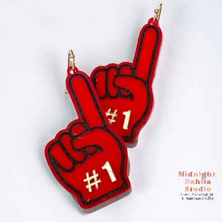 number one fan hand dangle earrings in red with gold and black accents