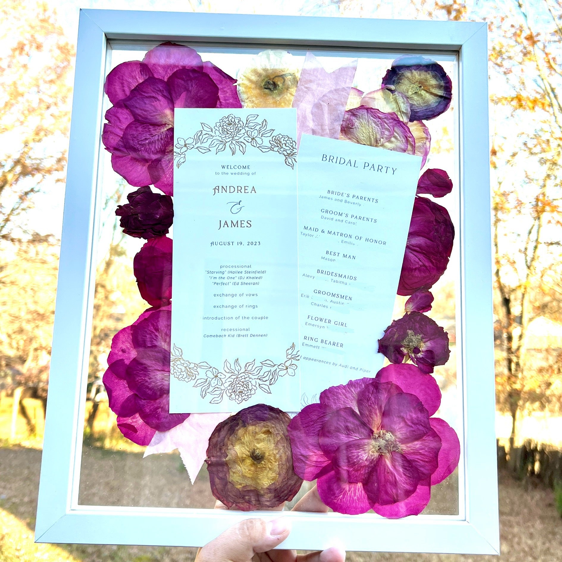 A custom pressed flower floating frame with preserved pink roses , purple ranunculus , pink ribbon , and a wedding program .   A beautiful way to preserve a bridal bouquet.