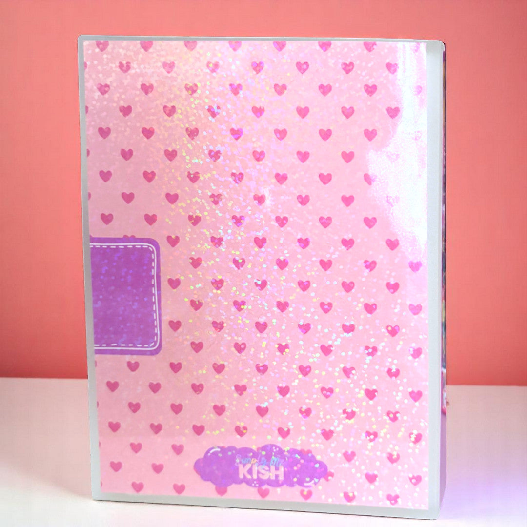 a sticker book that looks like a journal, covered in holographic overlay, with the words 'secret journal' and a spot that reads 'this belongs to' with lines to write your name. the entire background is pink hearts.