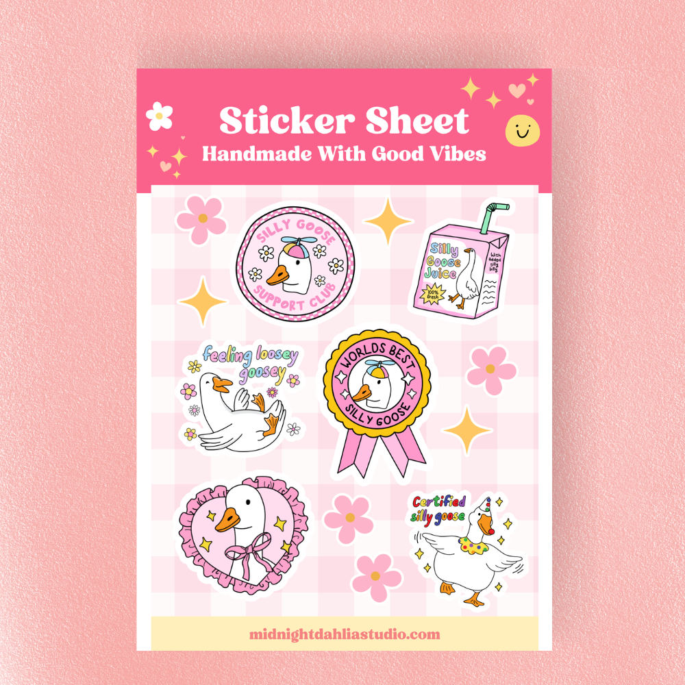 Sticker sheet with cartoon duck designs on a pink background