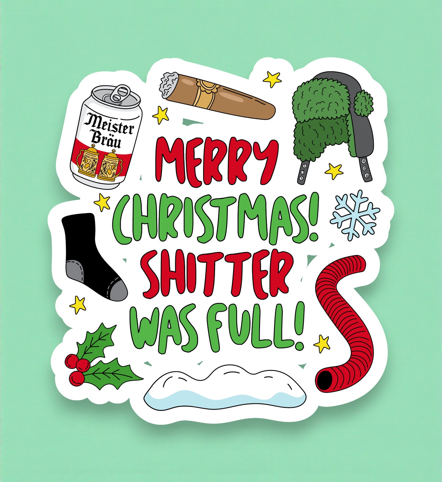 Sticker with Christmas-themed text and graphics on a light green background