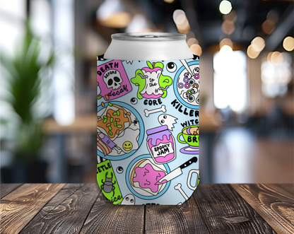 Can cooler with colorful design on a wooden table