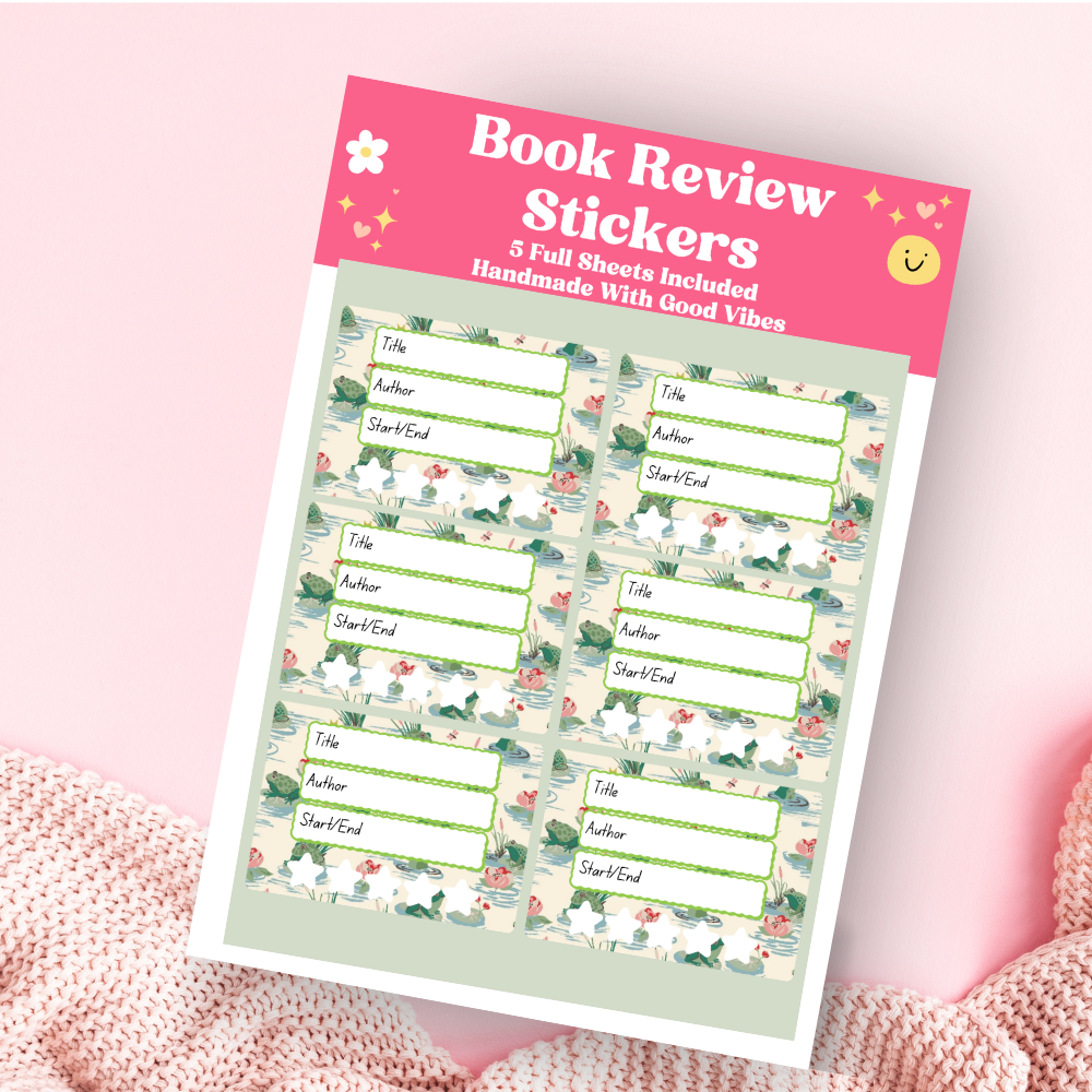 A book review sticker sheet against a pink background