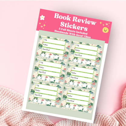 A book review sticker sheet against a pink background