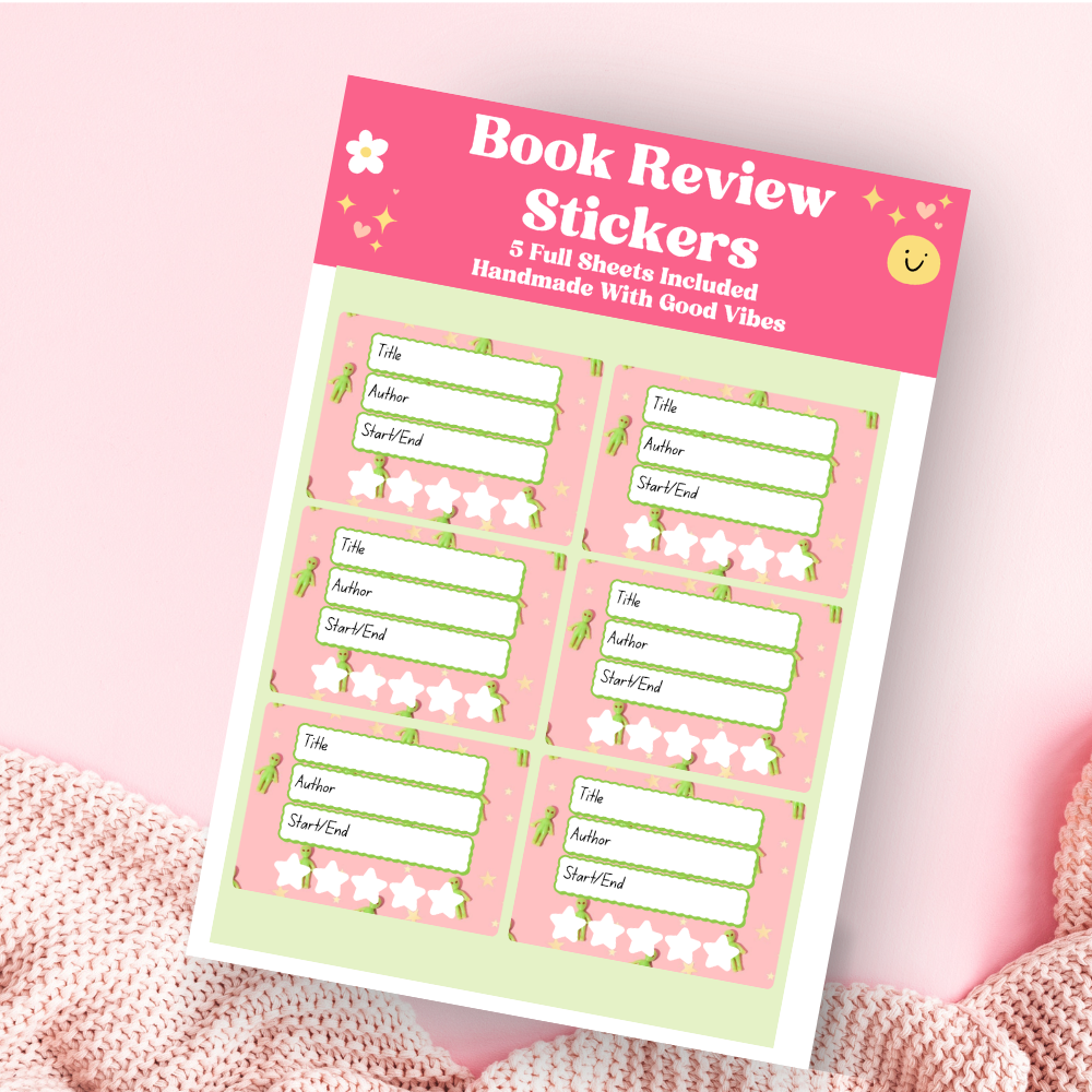 A book review sticker sheet against a pink background