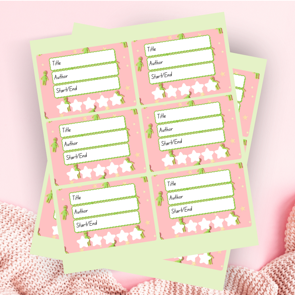 A book review sticker sheet against a pink background