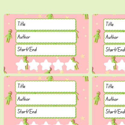 A book review sticker sheet against a pink background