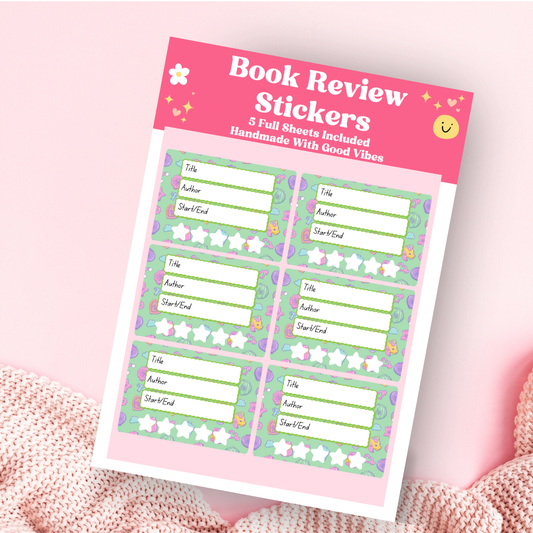 A book review sticker sheet against a pink background