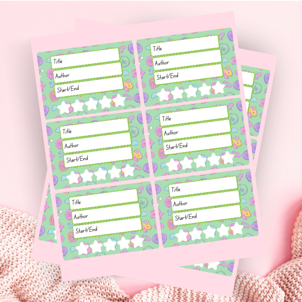 A book review sticker sheet against a pink background