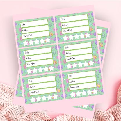 A book review sticker sheet against a pink background