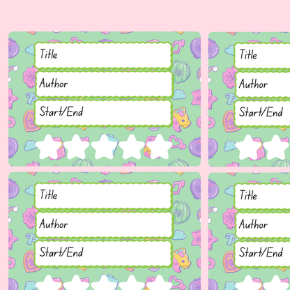 A book review sticker sheet against a pink background