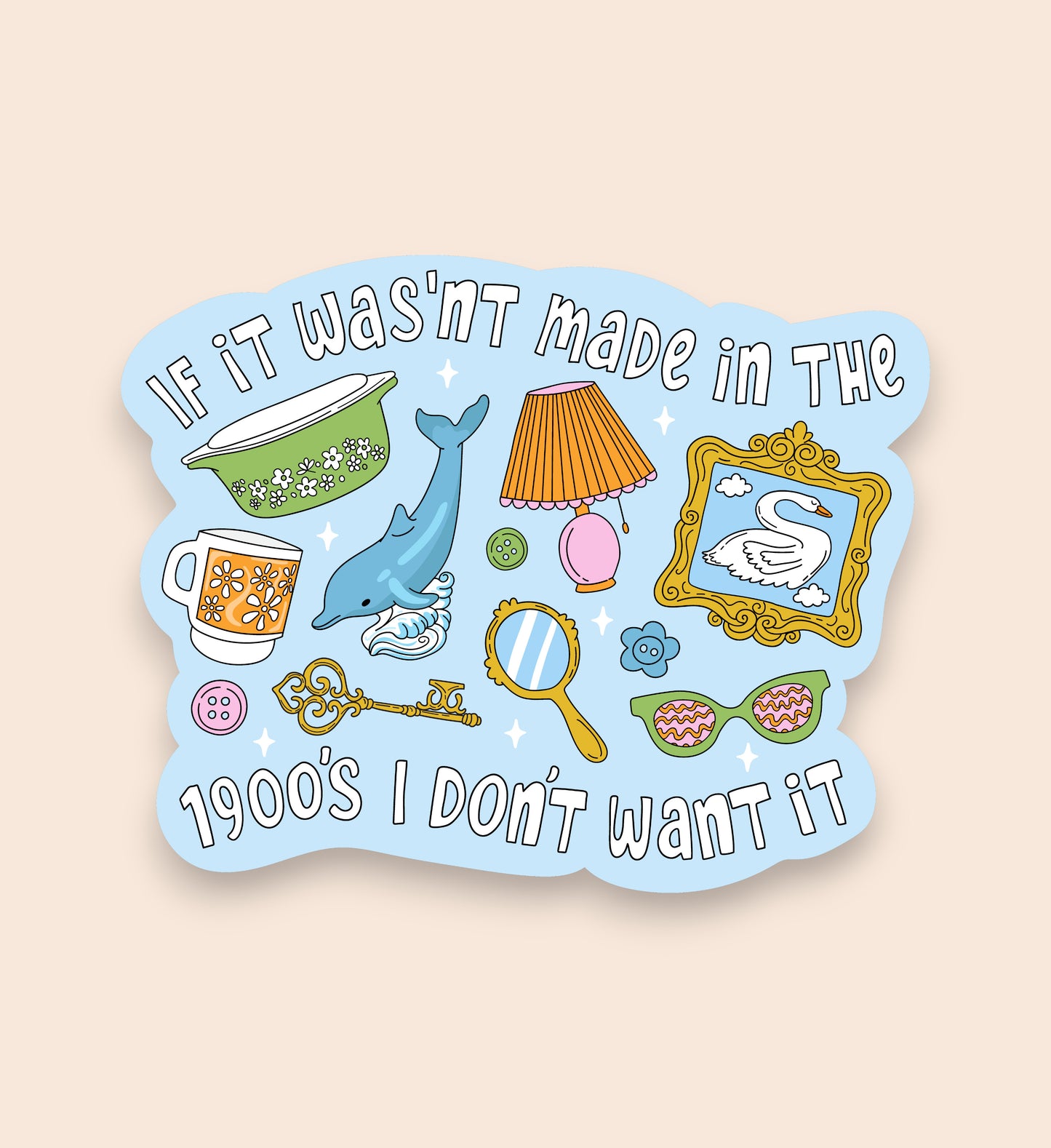 Sticker with vintage-themed illustrations and text on a beige background