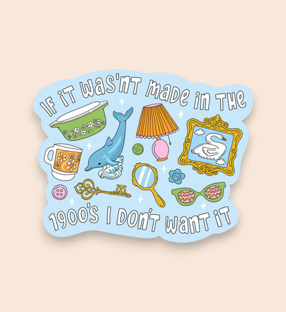 Sticker with vintage-themed illustrations and text on a beige background