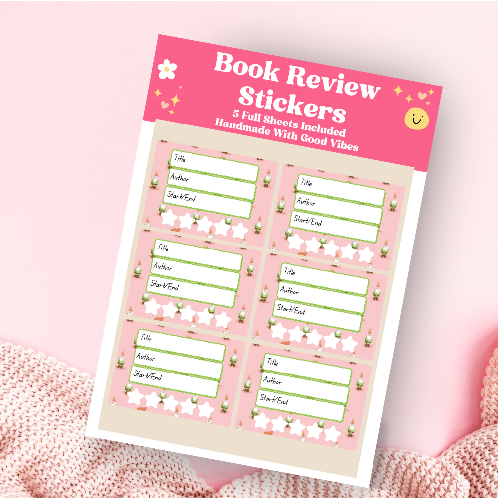 A book review sticker sheet against a pink background