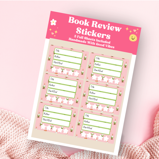 A book review sticker sheet against a pink background