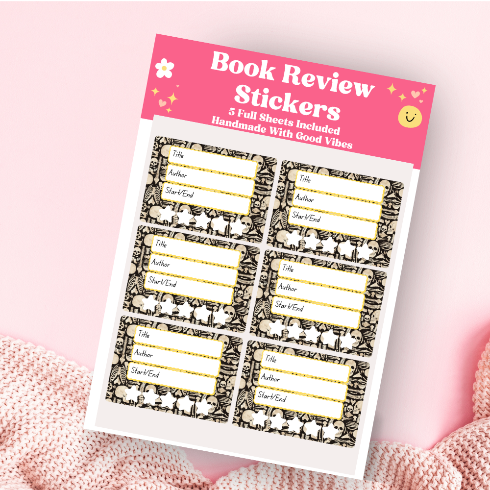 A book review sticker sheet against a pink background