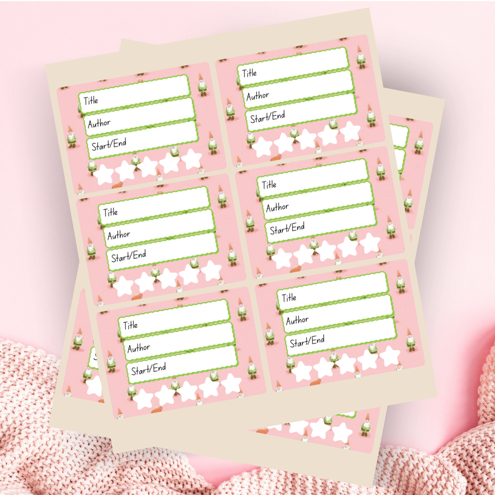 A book review sticker sheet against a pink background