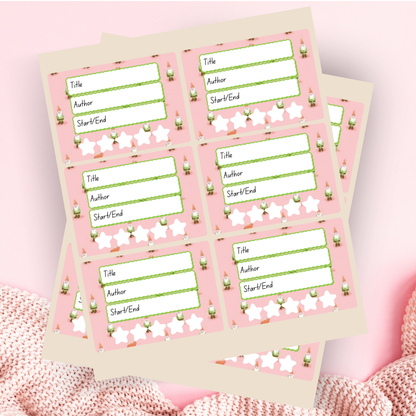 A book review sticker sheet against a pink background