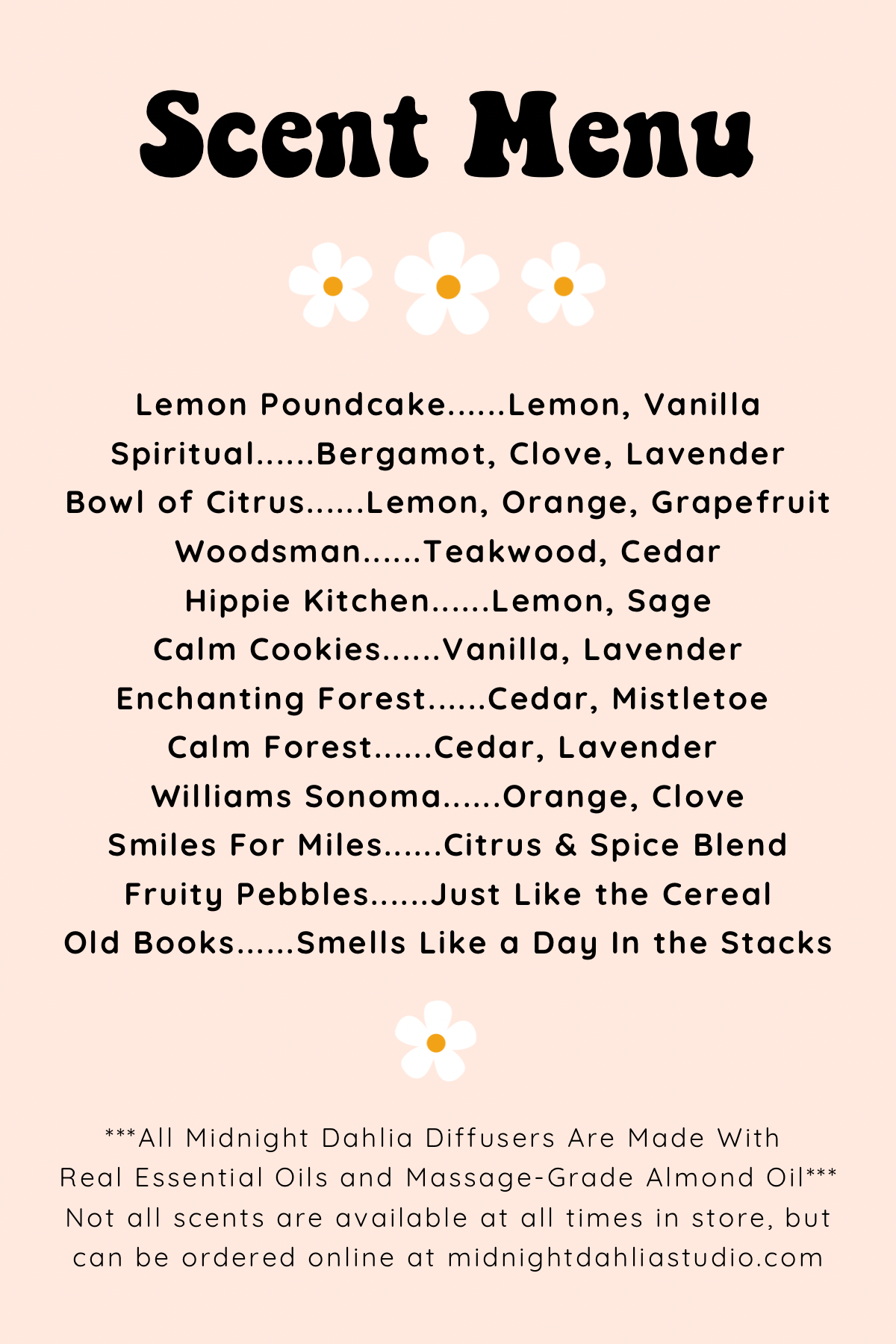 Scent menu with various scents and their descriptions on a beige background