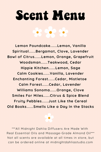 Scent menu with various scents and their descriptions on a beige background