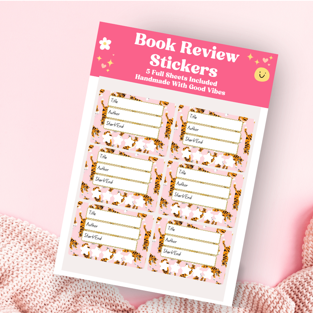 A book review sticker sheet against a pink background