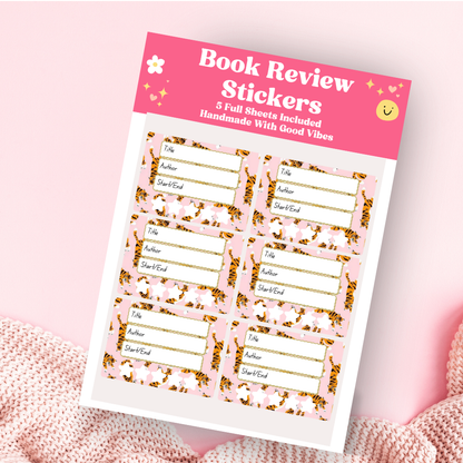 A book review sticker sheet against a pink background
