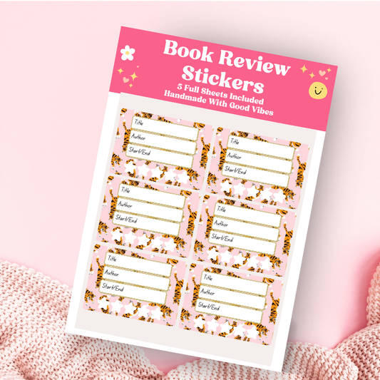 A book review sticker sheet against a pink background