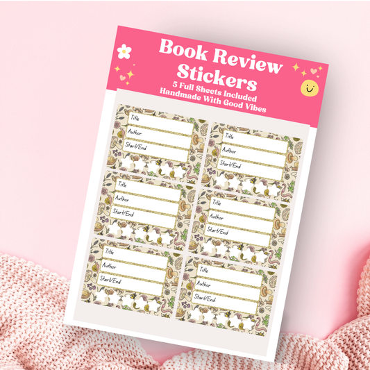 A book review sticker sheet against a pink background