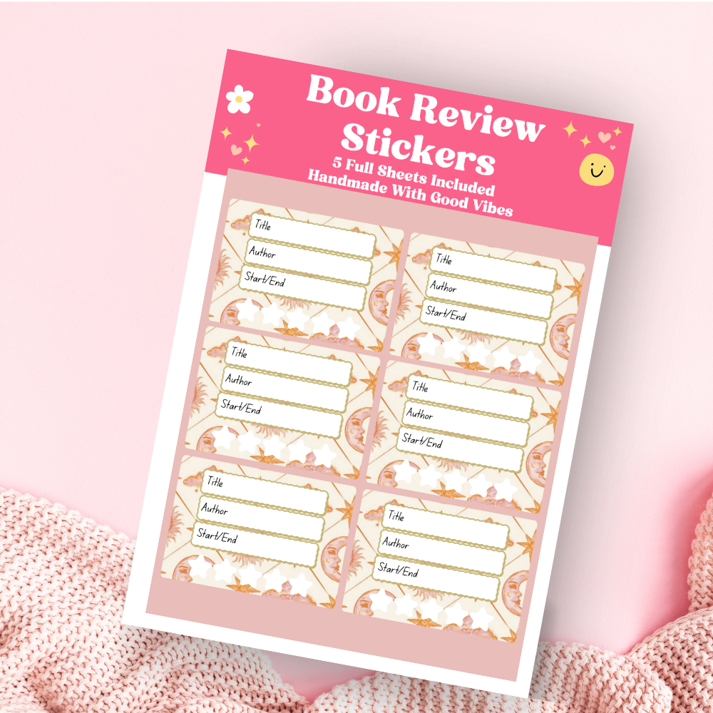 A book review sticker sheet against a pink background