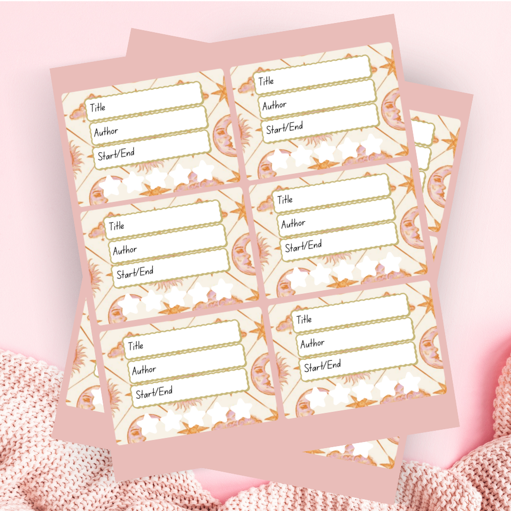 A book review sticker sheet against a pink background
