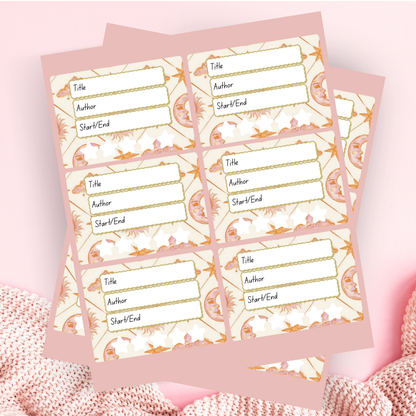 A book review sticker sheet against a pink background