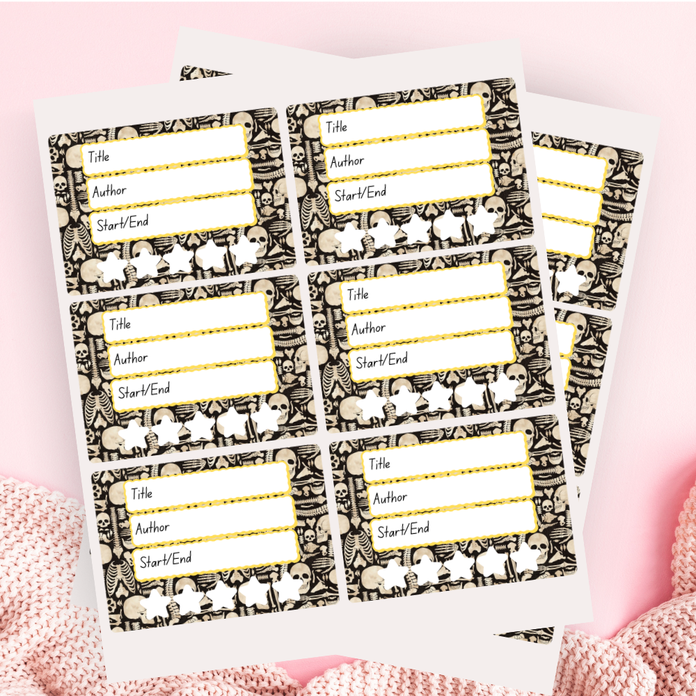 A book review sticker sheet against a pink background