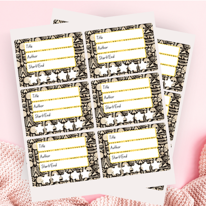 A book review sticker sheet against a pink background
