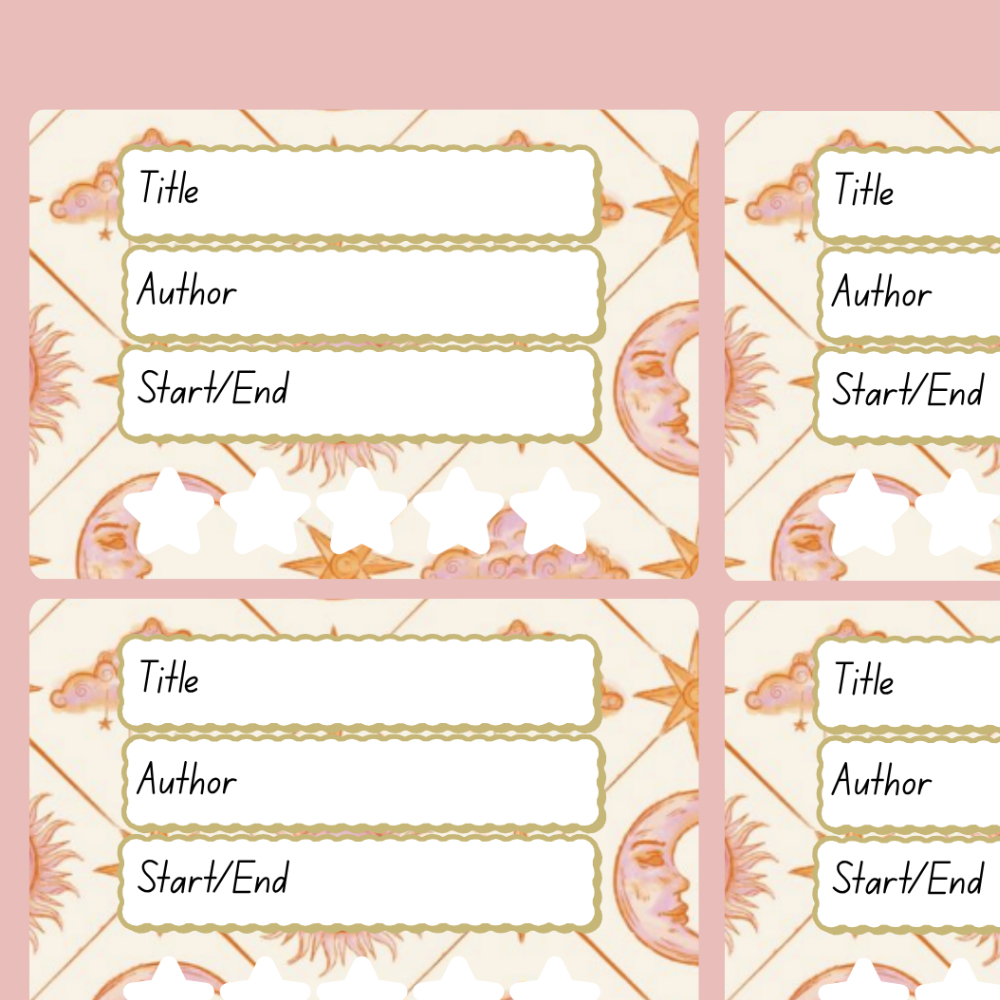 A book review sticker sheet against a pink background