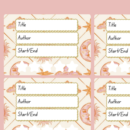 A book review sticker sheet against a pink background
