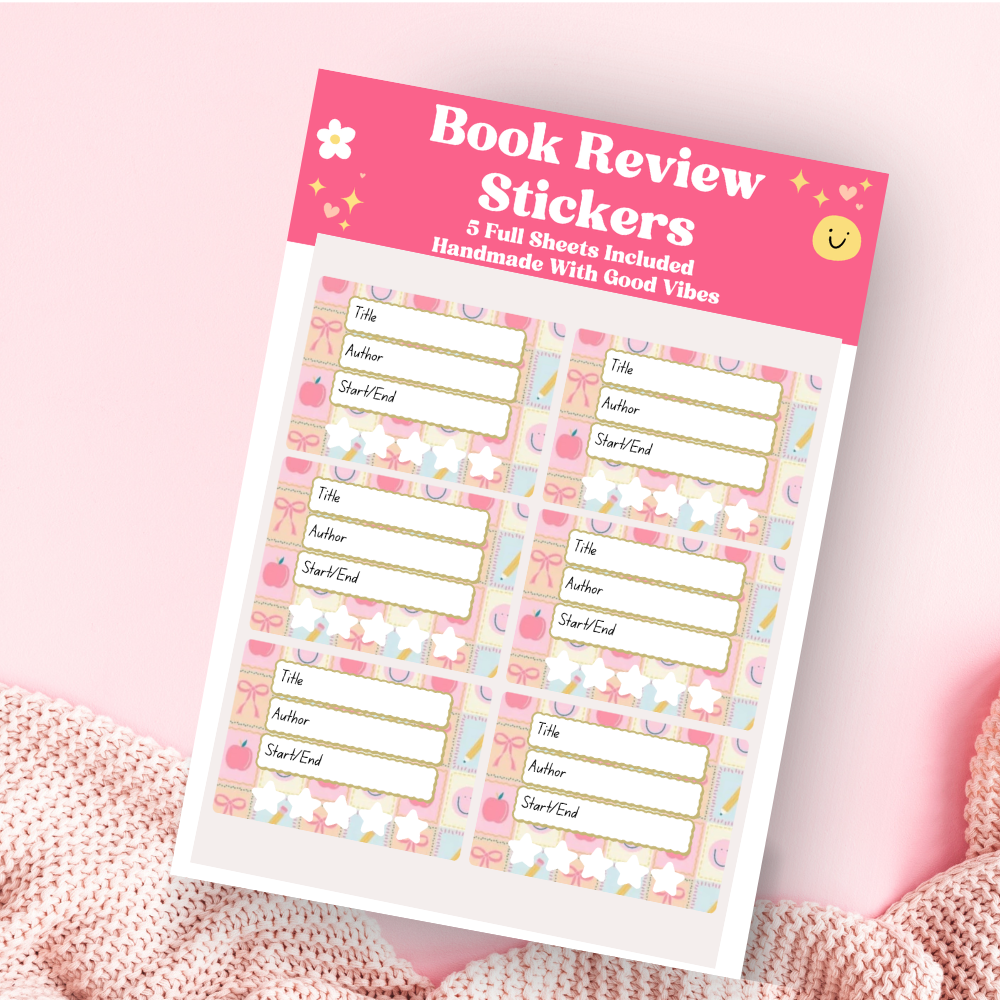 A book review sticker sheet against a pink background