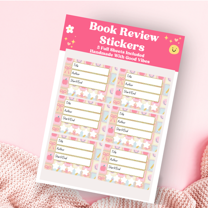 A book review sticker sheet against a pink background