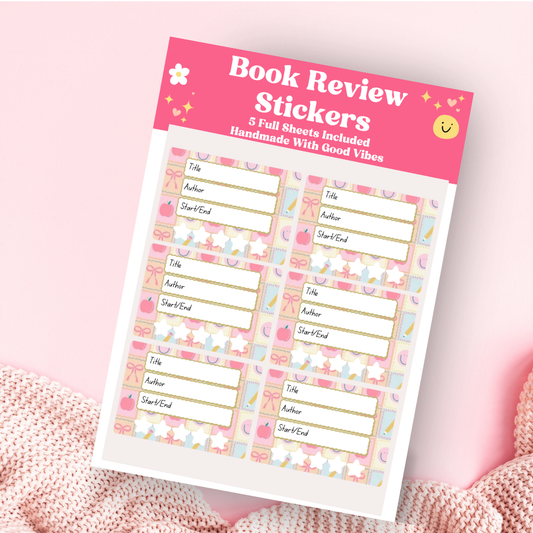 A book review sticker sheet against a pink background